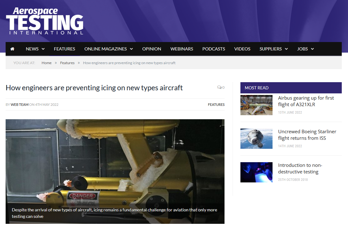 "How engineers are preventing icing on new types aircraft" featuring the SENS4ICE project. Image copyrights: Aerospace Testing International magazine.