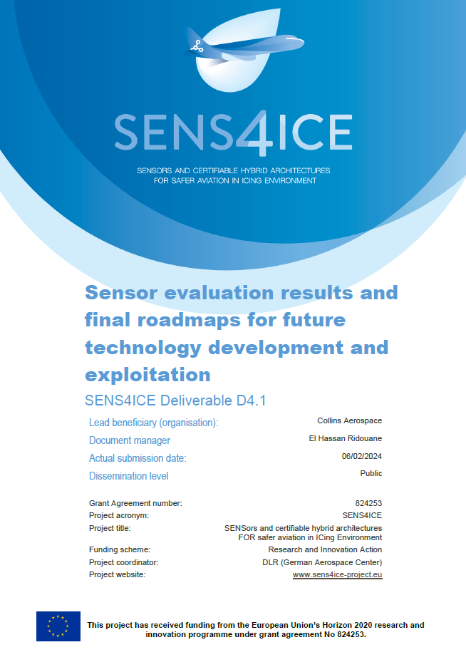 Cover page of the SENS4ICE public report D4.1 "Sensor evaluation results and final roadmaps for future technology development and exploitation"