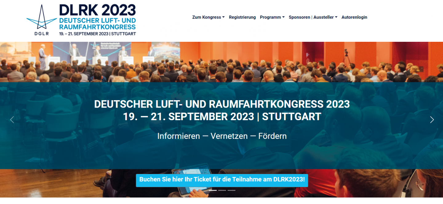 Homepage of the website of the German Aeronautical and Space Congress 2023. Image copyrights to Deutsche Luft- und Raumfahrtkongress (DLRK).