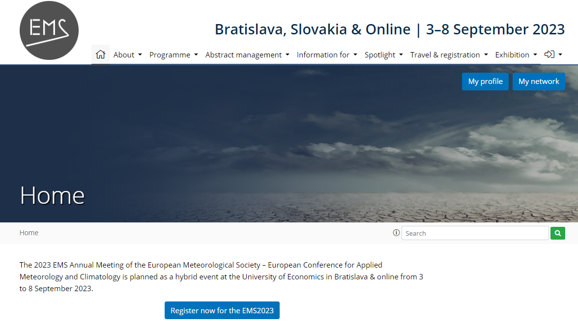 Homepage of the website of the Annual Meeting of the European Meteorological Society. Image copyrights to European Meteorological Society (EMS).