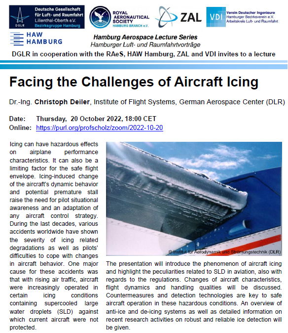 Poster announcing the lecture "Facing the Challenges of Aircraft Icing" on the 20th of October 2022. Image credit: Hamburg Aerospace Lectures Series.