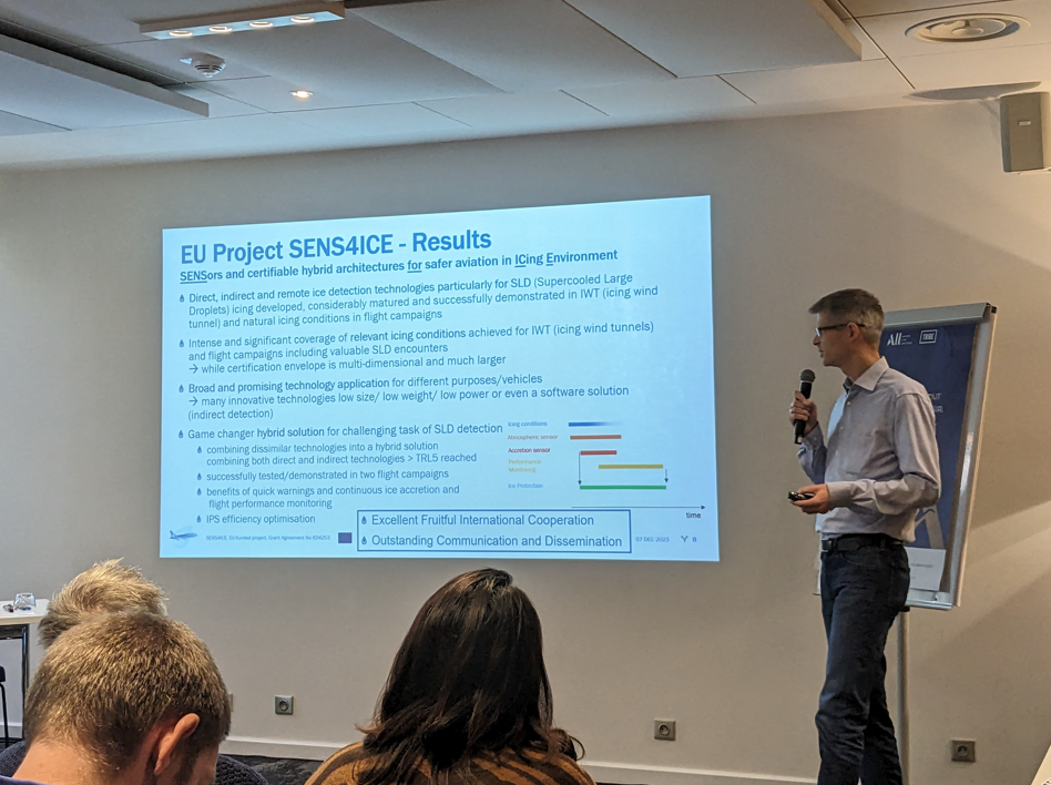 SENS4ICE coordinator Carsten Schwarz presenting the project results at the ICE GENESIS final event, Toulouse, 7 December 2023 (copyright by AeroTex/ SENS4ICE).