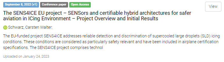 Screenshot of the paper "The SENS4ICE EU project – SENSors and certifiable hybrid architectures for safer aviation in ICing Environment – Project Overview and Initial Results" available in the SENS4ICE community on Zenodo.
