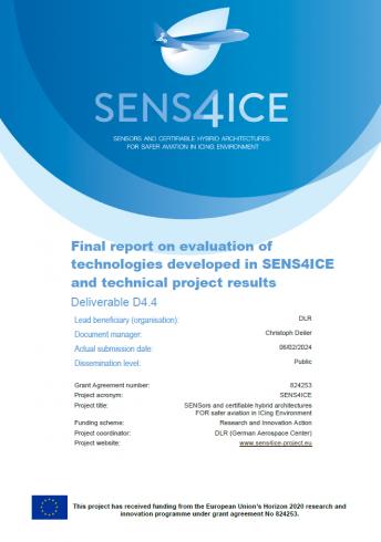 Cover page of the SENS4ICE public report D4.4 "Final report on evaluation of technologies developed in SENS4ICE and technical project results"