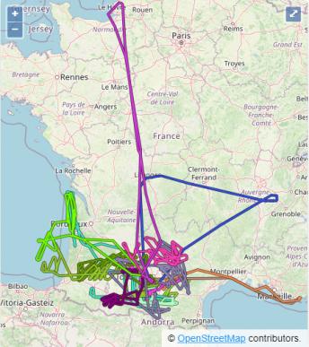 SENS4ICE European Flight Campaign Ground Tracks (Image credit SAFIRE, Map Data From OpenStreetMap https://www.openstreetmap.org/copyright/en licensed under the Open Database License).