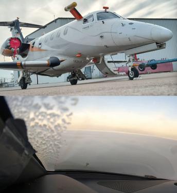 Embraer Phenom 300 during the SENS4ICE flight test campaign in North America, February-March 2023. Top: aircraft with sensors installed, bottom: ice visible on the windshield after leaving the clouds. Copyright © Embraer.